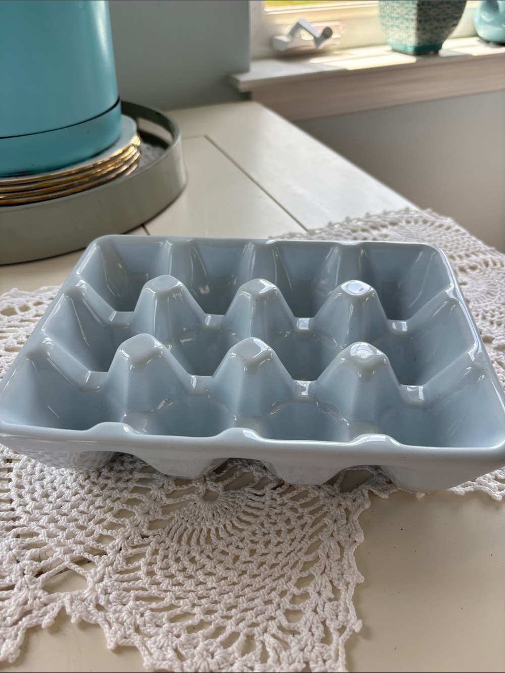 Pale blue Ceramic 12-Slot Egg Holder Tray